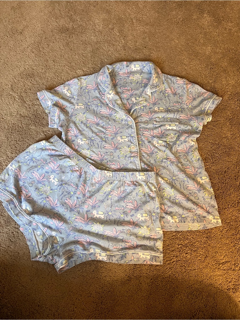 Roller Rabbit Light Blue Short Sleeve Pajama Set with elephants and palm trees